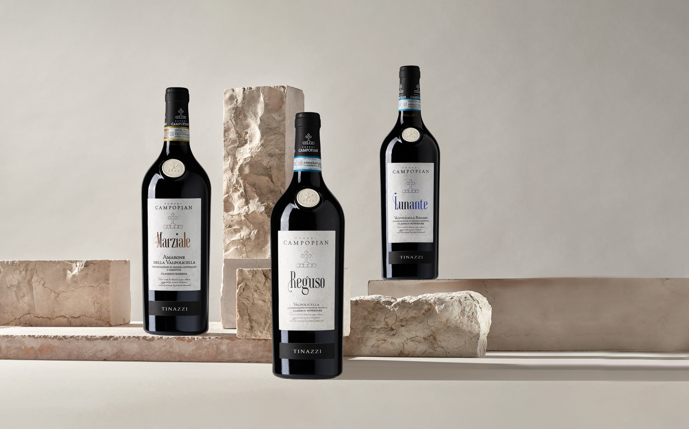 Tinazzi - Poderi Campopian - bottiglie di Marziale (Amarone della Valpolicella), Reguso (Valpolicella Classico), Lunante (Valpolicella Ripasso)