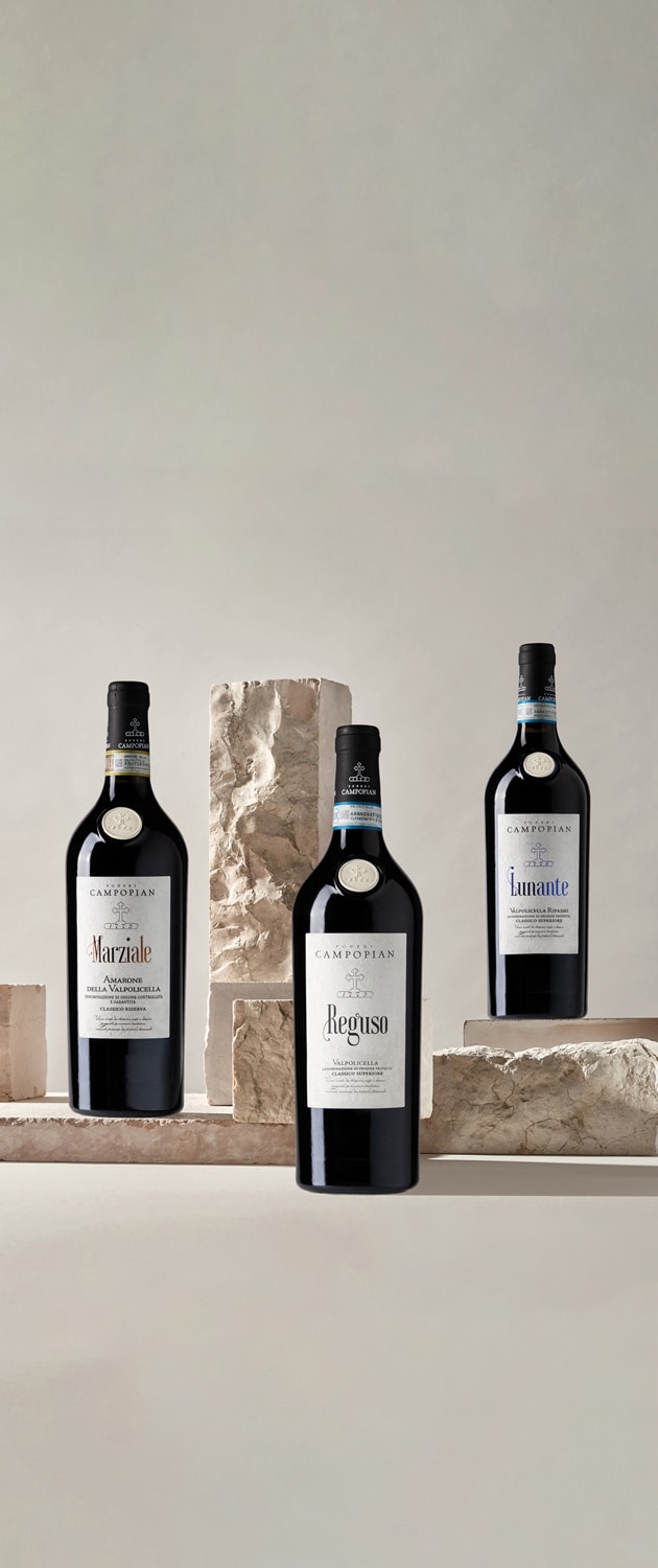 Tinazzi – Poderi Campopian – bottiglie di Marziale (Amarone della Valpolicella), Reguso (Valpolicella Classico), Lunante (Valpolicella Ripasso)