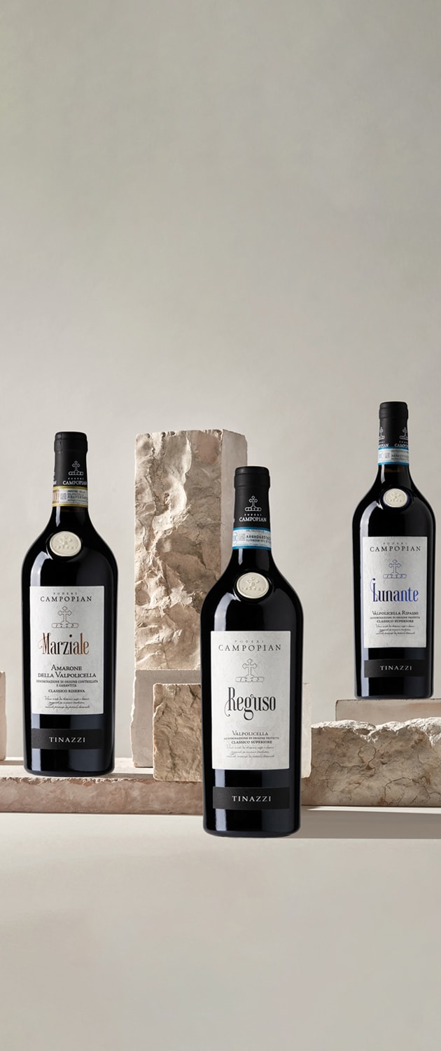 Tinazzi – Poderi Campopian – bottiglie di Marziale (Amarone della Valpolicella), Reguso (Valpolicella Classico), Lunante (Valpolicella Ripasso)