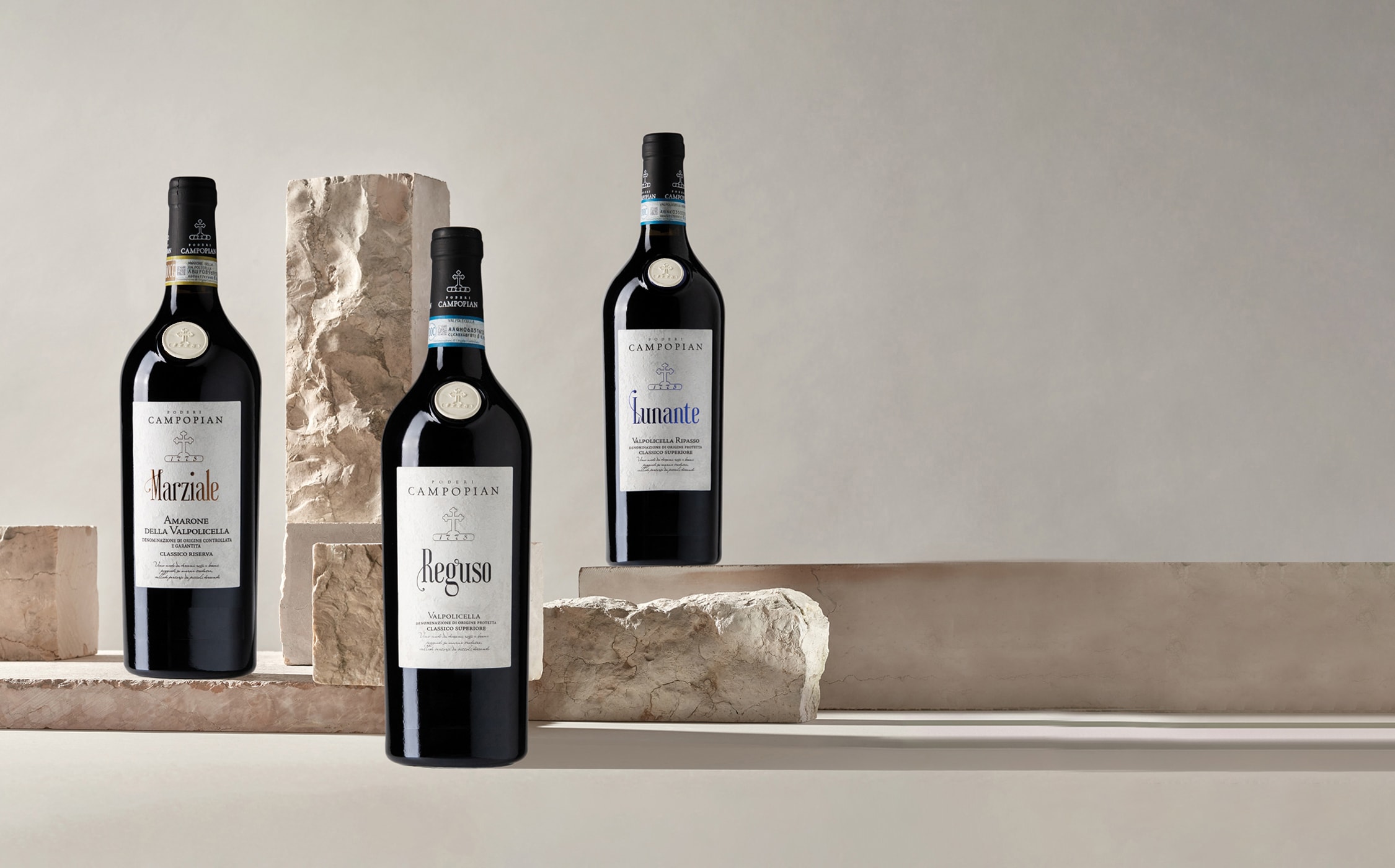 Tinazzi – Poderi Campopian – bottiglie di Marziale (Amarone della Valpolicella), Reguso (Valpolicella Classico), Lunante (Valpolicella Ripasso)