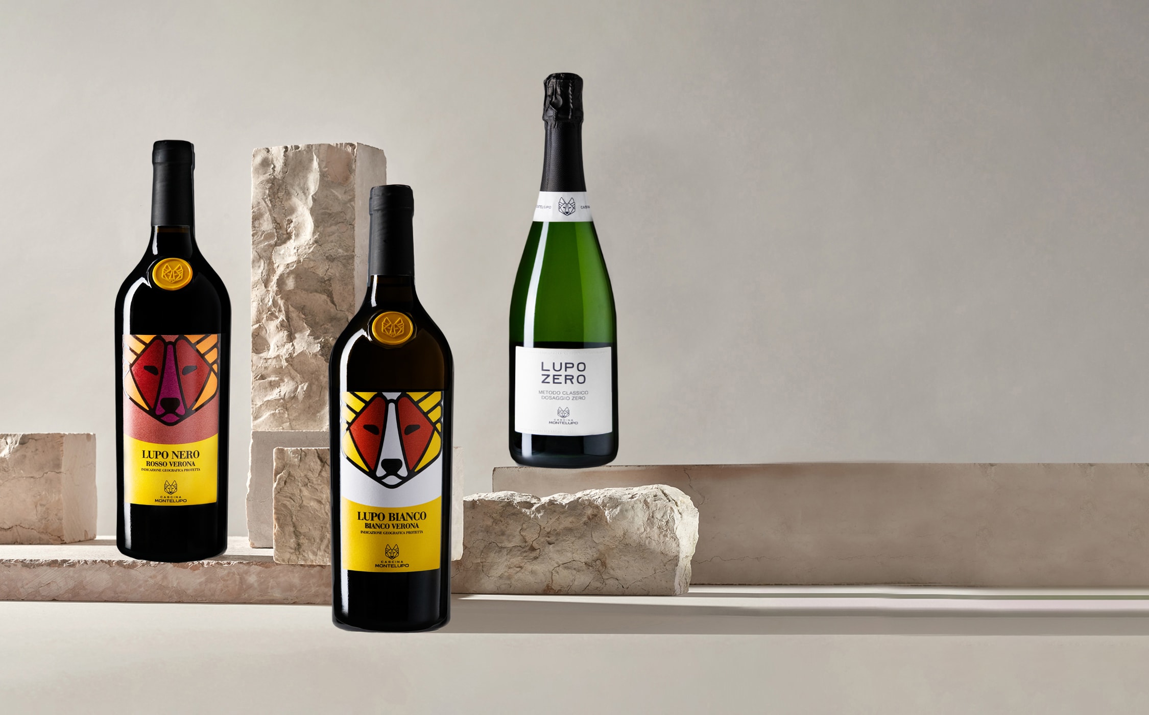 Tinazzi – Cascina Montelupo – bottiglie di Lupo nero (Rosso Verona), Lupo bianco (Bianco Verona), Lupo Zero (Metodo Classico Dosaggio zero)