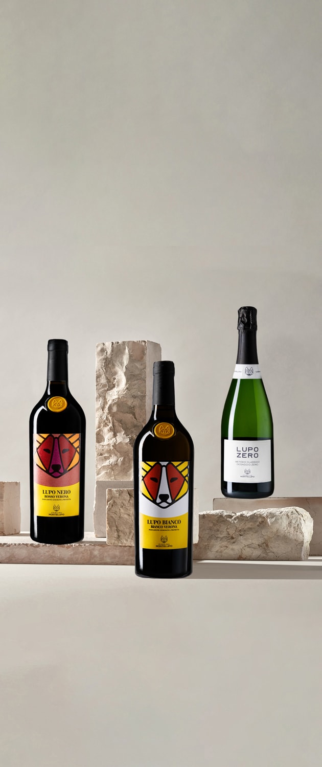 Tinazzi – Cascina Montelupo – bottiglie di Lupo nero (Rosso Verona), Lupo bianco (Bianco Verona), Lupo Zero (Metodo Classico Dosaggio zero)
