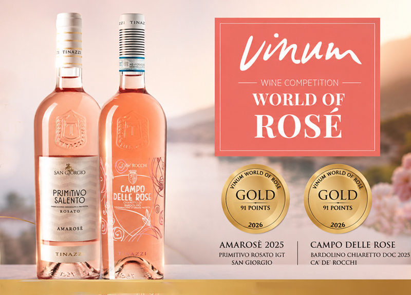 Double Gold for Tinazzi at VINUM World of Rosé 2026. Amarosè and Campo delle Rose awarded Gold Medals with 91 points